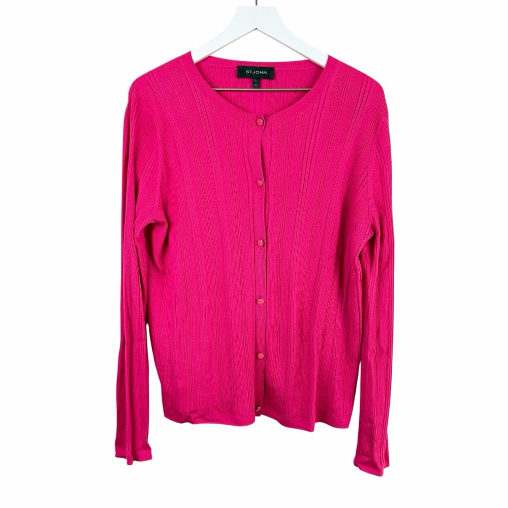 St. John Hot Pink Ribbed Wool Silk Cardigan Sweater‎ Womens Large Flamingo Pink